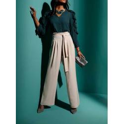 Damskie spodnie z wysokim stanem Création L z paskiem, beżowe stylizacja
